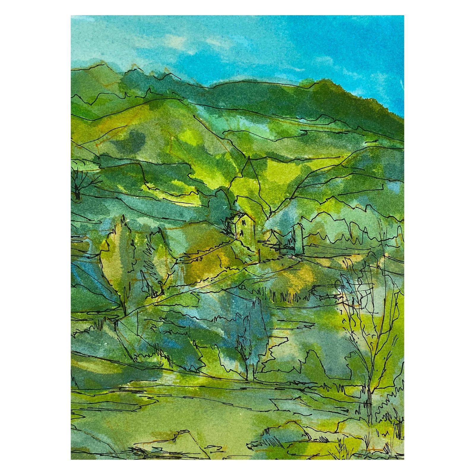1950's French Modernist/ Cubist Signed Painting, Green & Blue Landscape, 1950 (1 of 12)