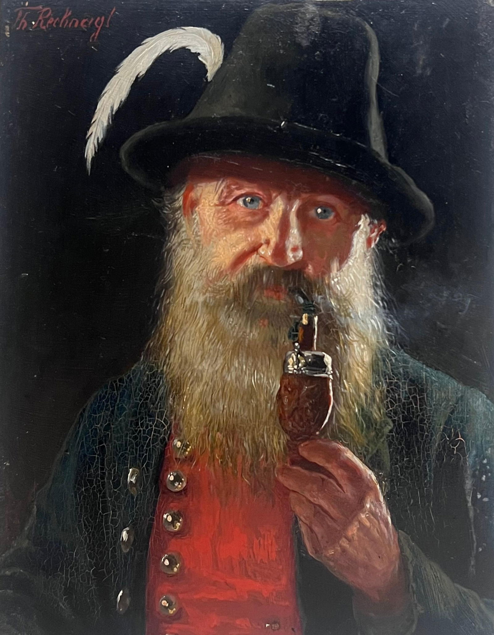 Theodor Recknagl (1865-1945) German; Antique German Signed Oil Painting Portrait of Bavarian: Title: Theodor Recknagl (1865-1945) German; Antique German Signed Oil Painting Portrait of Bavarian Gentleman with Pipe Description: The Greek Coastline by Georges Bordonave (French contemporary) sign