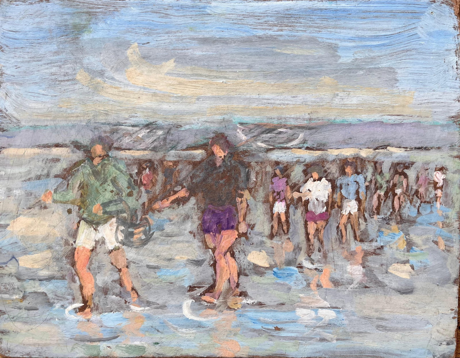 Fanch Lel; Impressionist Coastal Gathering Scene with Barefoot Figures on Reflective Shore: Title: Fanch Lel; Impressionist Coastal Gathering Scene with Barefoot Figures on Reflective Shore Description: Title: French Impressionist Mountain Village with Church Tower and Red Tiled Roofs By Fan