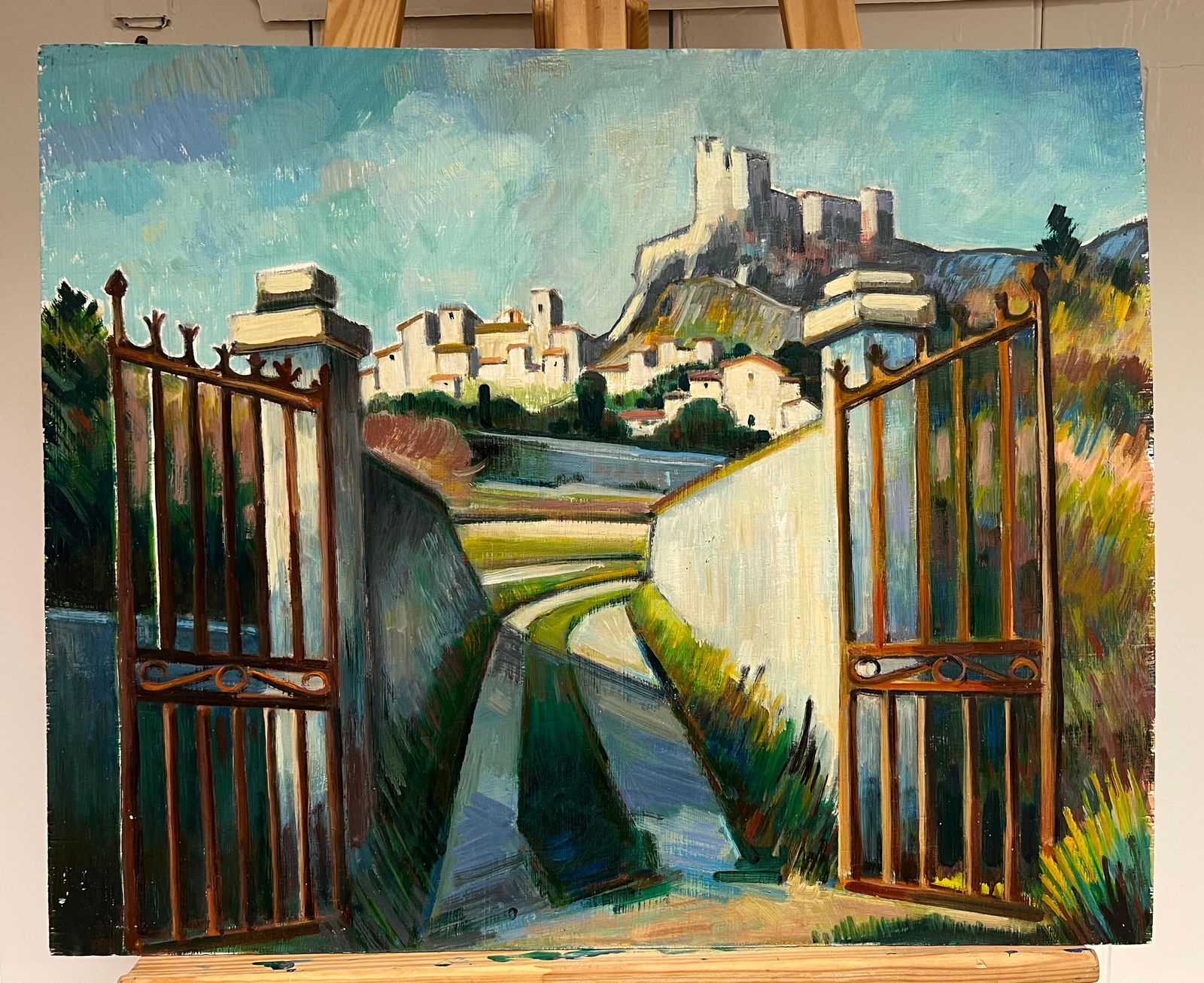 Max Toutain; A Path Leading to a Hilltop Fortress French Oil Painting: Title: Max Toutain; A Path Leading to a Hilltop Fortress French Oil Painting Description: Abstract Expressionist Composition signed by Gilbert Pelissier (French born 1924) oil painting on canvas, unfr