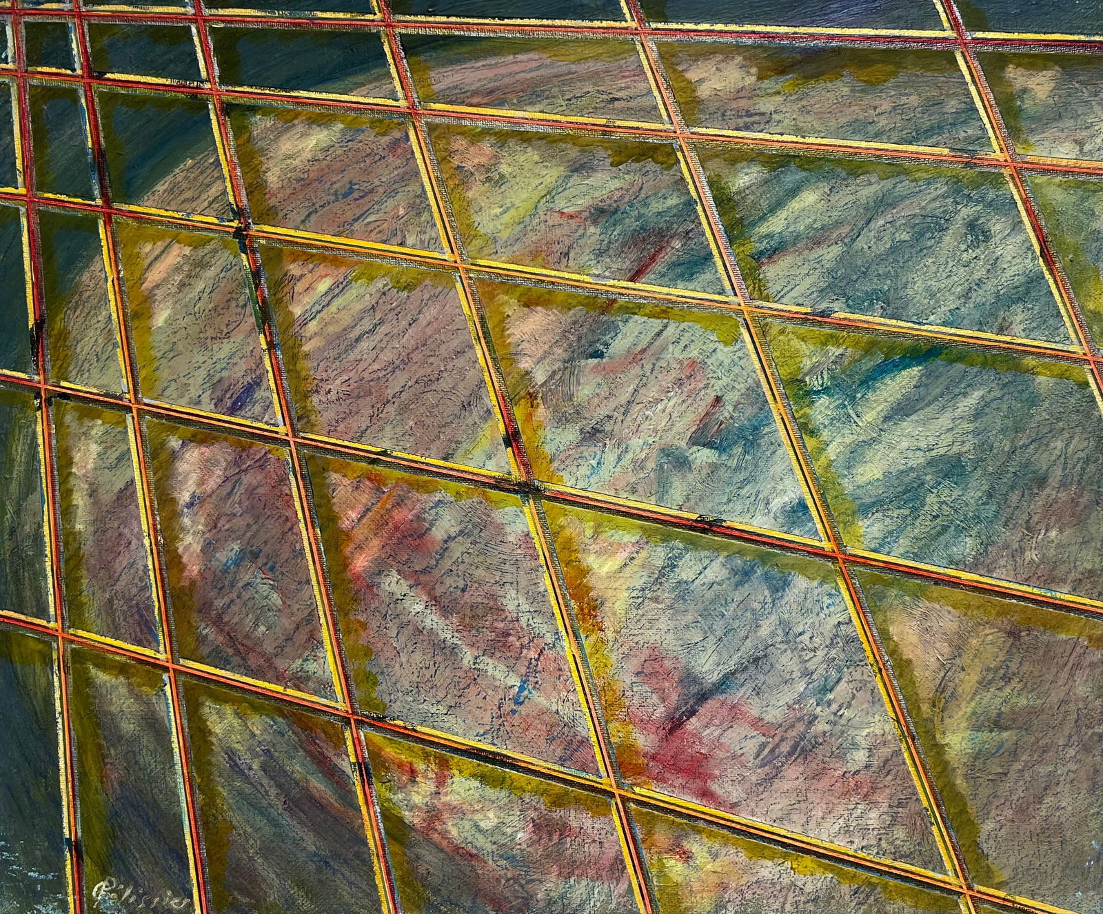 Gilbert Pelissier; French 20th Century Yellow Abstract Grids Overlapping Blue Window, 1987: Title: Gilbert Pelissier; French 20th Century Yellow Abstract Grids Overlapping Blue Window, 1987 Description: The Artists Model French School, circa 1930's period oil on board, unframed board : 14 x