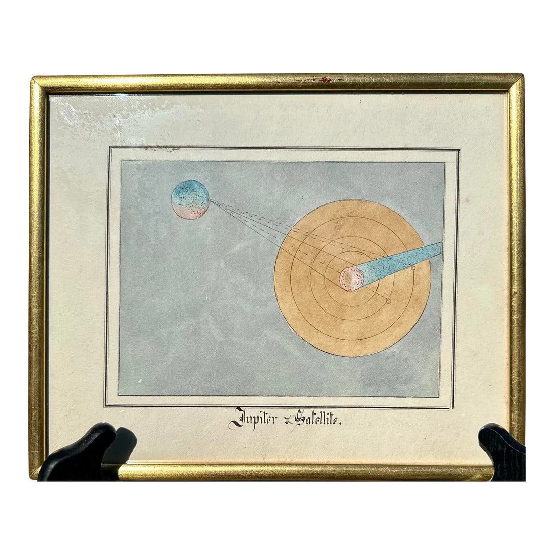 Antique Colored Pen & Ink Drawing – Jupiter and Satellite, Framed: Antique Colored Pen & Ink Drawing – Jupiter and Satellite, Framed Step into the cosmos with this enchanting antique pen and ink drawing, beautifully illustrating Jupiter and its satellite in vibrant