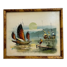 Mid Century Oil on Board Chinese Junk Boats Painting