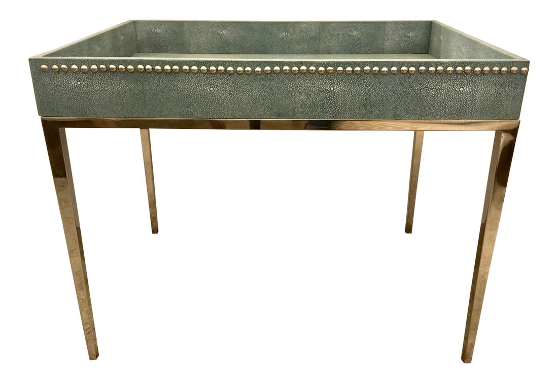 Turquoise Shagreen Studded Tray Table: Stylish modern Turquoise faux Shagreen Studded Tray Table, chrome base and nailhead accents, showroom floor sample, original retail $1497 Condition: Imperfections: Some Imperfections Condition Notes: