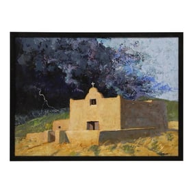 Mid 20th Century Original Signed Adobe Mission Church Painting by Herriott, Framed