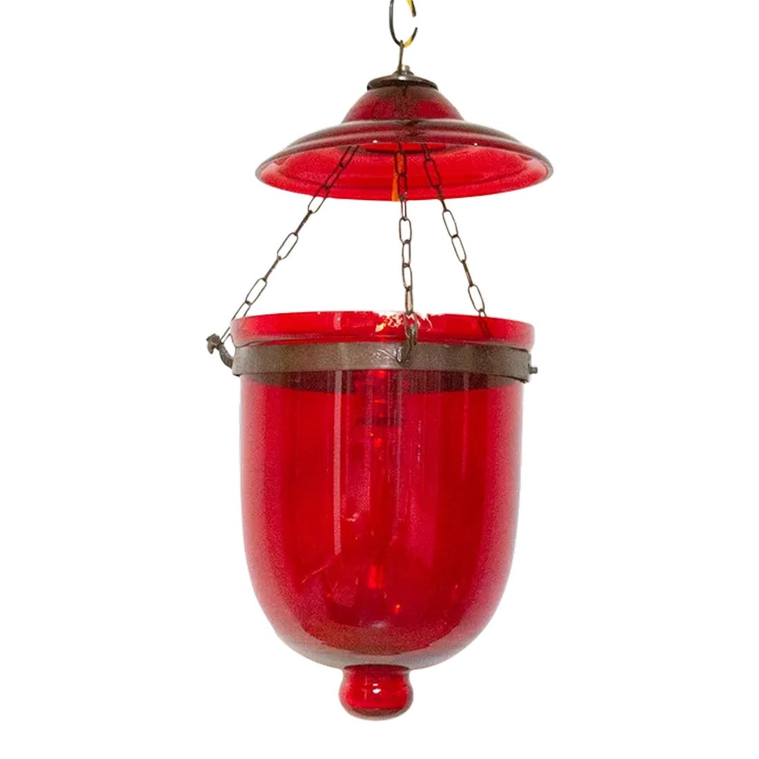 Persian Red Pendant Glass Lantern: Lively and colorful, this lanterns is hued glass in red. This lantern is two pieces with a canopy top that is chain-linked to the bottom hanging lamp. **Please bear in mind that colors of products sho