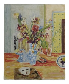 Jules Cavailles -Still Life of Flowers and a Mask -Study Oil Painting-1956