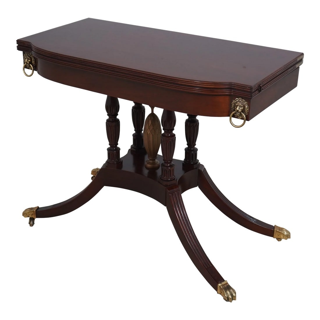 Baker Historic Charleston Regency Mahogany Games Table: Age: Approx: 25 Years Old Details: Brass Capped Paw Feet Historic Charleston Collection Duncan Phyfe Pedestal Base Gold Finial Base Lion Head Hardware Nice Carved Base Reddish Mahogany Finish Conditio