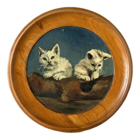 Vintage French Oil on Board W/Kittens