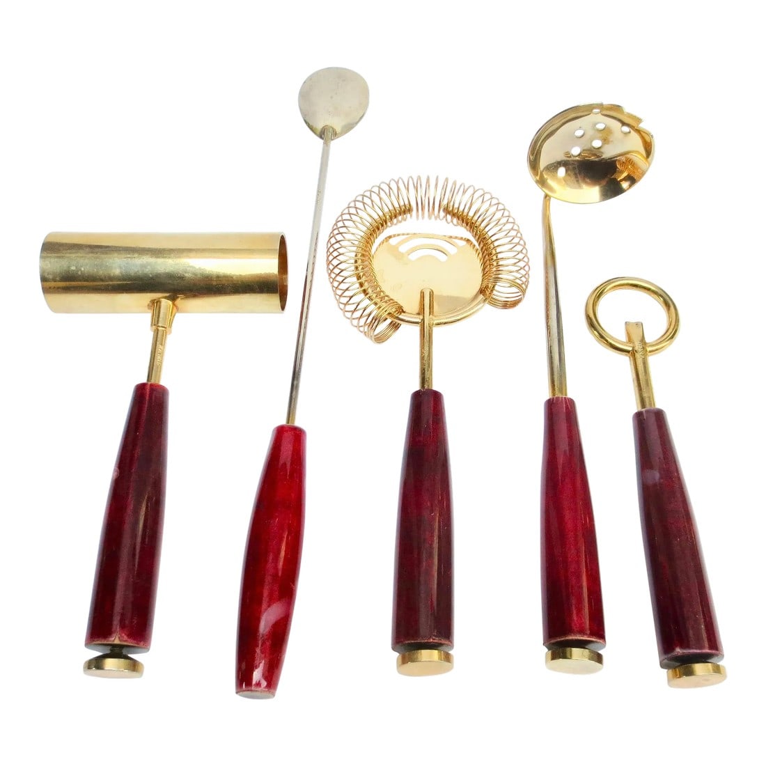 Aldo Tura Bar Tools Vintage 60s -Set of 5: Vintage goat skin and lacquer cocktail set with 5 pcs. Cocktail strainer, Bar Spoon, Jigger Measure, Bottle opener, and Julep strainer. Lacquered brass and goat skin parchment handles. Aldo Turo circa