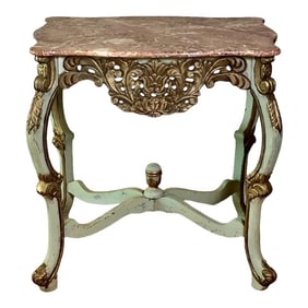 1940s Country French Louis XV Style Carved and Painted Marble Top Center Table