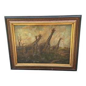 1970s Large Framed Painting of Giraffes in Wild