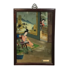 Early 20th Century Antique Chinese Reverse Glass Painting of a Geisha Original