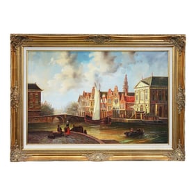 Late 20th Century European School City by the River – Signed Original Oil on Canvas, Framed