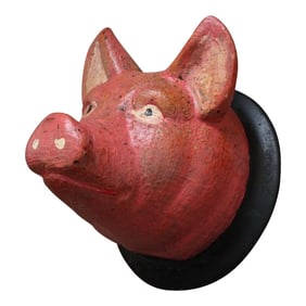 Vintage German Carved and Painted Black Forest Pig Mounted Wall Sculpture
