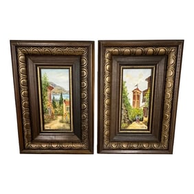 Spanish Landscape Street and Lake Scene Original Signed Art - a Pair