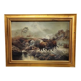 19th C Scottish Highland Cattle Oil on Canvas Painting Framed