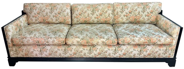 Chic Vintage Chinoiserie Key City Custom Asian Style Black Lacquered Sofa With Floral Brocade Fabric