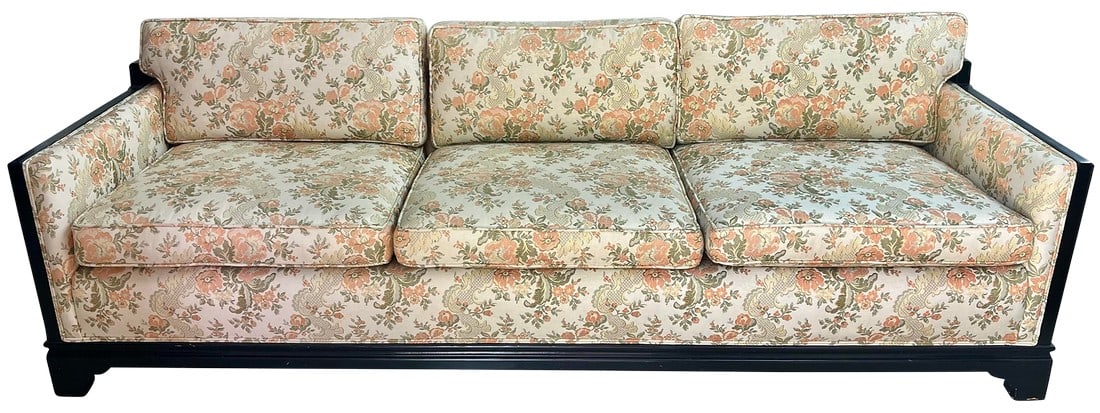 Chic Vintage Chinoiserie Key City Custom Asian Style Black Lacquered Sofa With Floral Brocade Fabric (1 of 12)