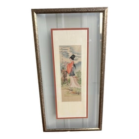 Vintage Chinese Watercolor Framed Art Geisha Girl Burning Incense