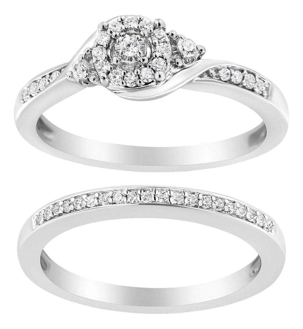.925 Sterling Silver 1/4 Cttw Diamond Halo and Swirl Engagement Ring and Wedding Band Set (I-J Color (1 of 6)