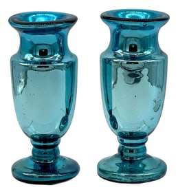 Diminutive Ocean Blue Mercury Glass Vases, France Circa 1900s - a Pair