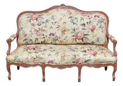 Early 20th Century French Louis XV Style Carved Sofa Red Painted Frame Chintz Floral Fabric