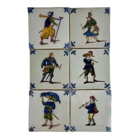 Set of 6 Mid 20th Century Makkum Dutch Hand-Painted Polychrome Delft Tiles by Royal Tichelaar