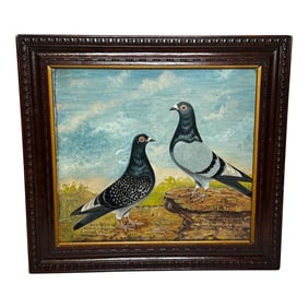 English Oil Painting Northern Racing Pigeons Champions Old Badge Hen & Cock by J Brown C1930