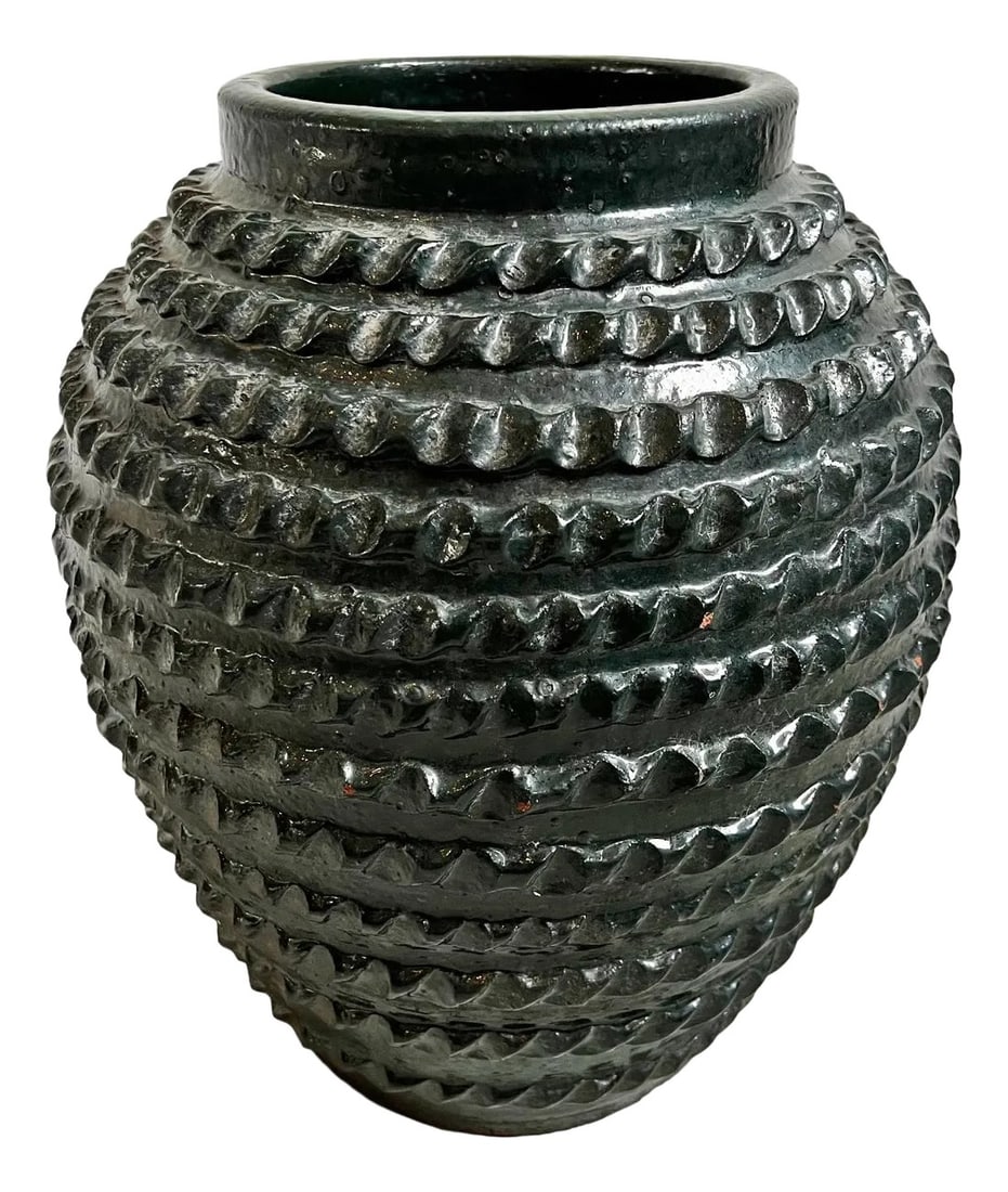 Antique Java Spruce Green Ceramic Vase: Antique Indonesian ceramic vase. Beautiful rich spruce green glaze with thumbprint band design. Each is sold individually. Condition: Alterations: Original Condition Unaltered Imperfections: Some Impe