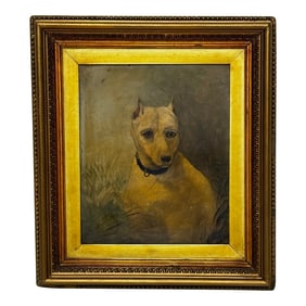 Late 19th Century Oil Painting Portrait Sad White English Terrier Dog Follower of John Emms, Framed