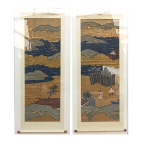 Set of 2, Tall Antique Japanese Nature Scroll Paintings