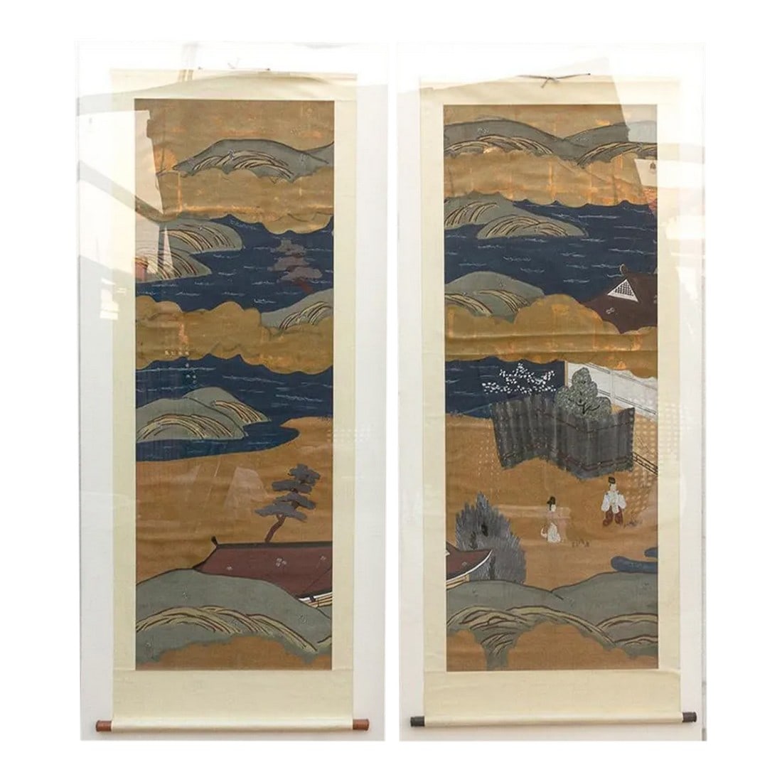 Set of 2, Tall Antique Japanese Nature Scroll Paintings: This rare pair of antique Japanese scroll paintings invites us to contemplate the serene beauty and delicate artistry of the natural world. Likely dating back to the 19th century or earlier, these scr