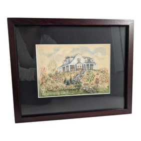 1920s Framed Artist Watercolor Painting of a Cape Cod Style House
