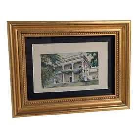 1920s Framed Artist Watercolor Painting of a Greek Revival House