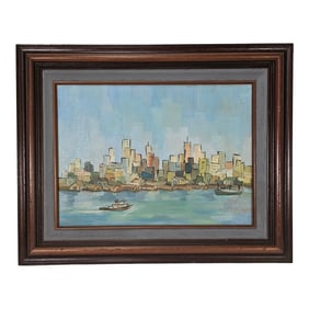 Vintage Modernist Cityscape Sea Port Painting Oil on Board Framed 18" X 22"