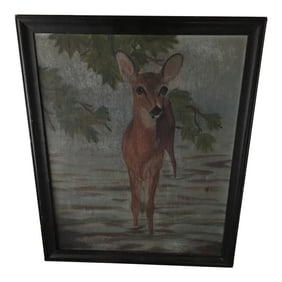 1930s Wonderful Vintage Oil Painting of Fawn Deer