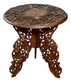 Antique Anglo-Indian Carved Hardwood Round Campaign Side Table