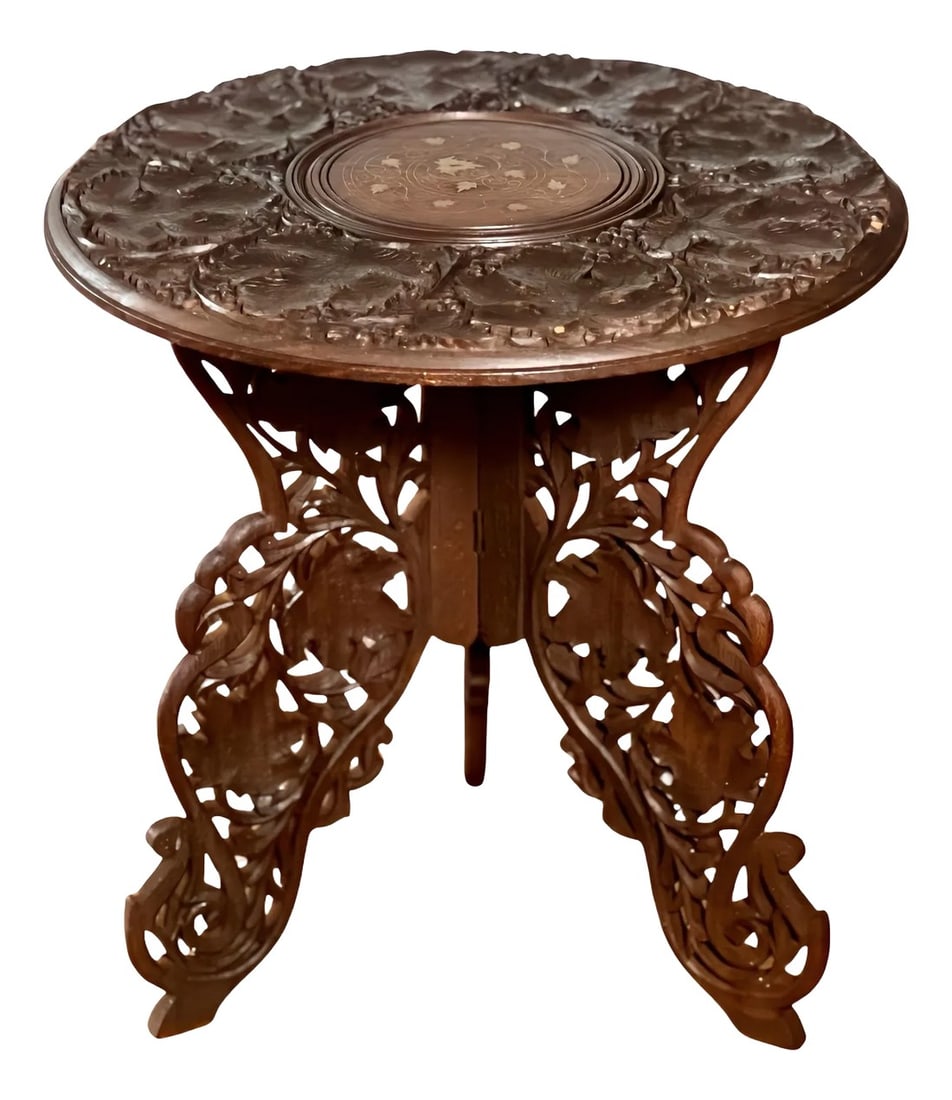 Antique Anglo-Indian Carved Hardwood Round Campaign Side Table (1 of 12)