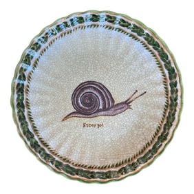 Vintage 1990s Escargot Hand Painted Green Trim Crackle Grey Porcelain Plate
