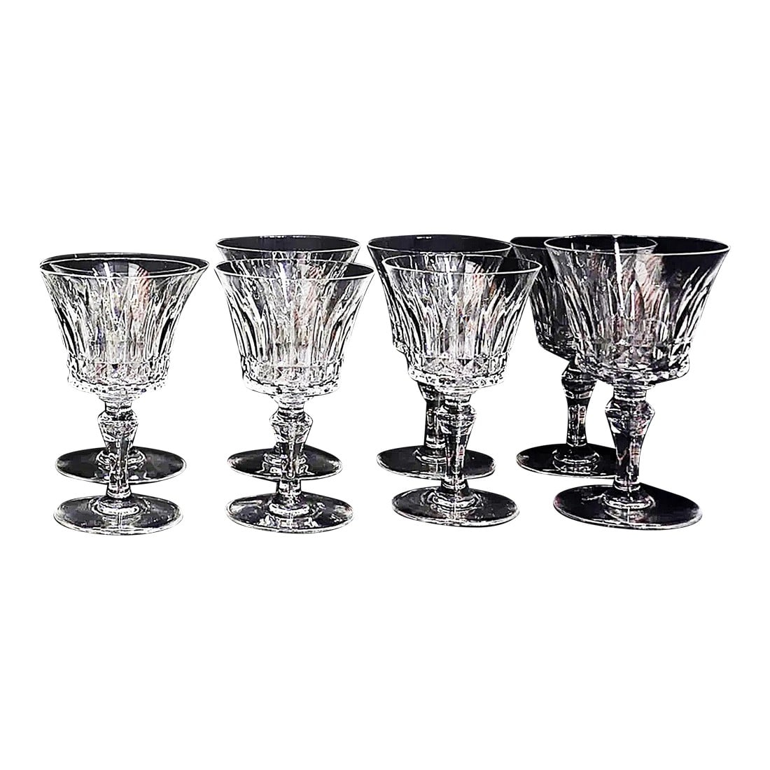 1970s Baccarat Wine Stems Claret Glasses - 7 Pieces: At the top of the cut crystal world lies Baccarat. This set of 5 Piccadilly cut wine stemware glasses have that most prestigious mark on their bases. Clink away with loved ones in style! Includes the