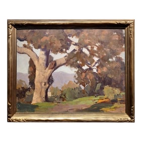 James Elwood Webb - 1934 California Landscape With Large Oak Trees -Oil Painting