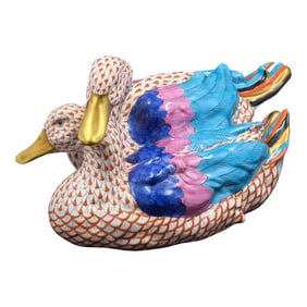 1990s Herend Fishnet Porcelain Pair of Wild Ducks Figurine 5035 in Rust, Size Medium