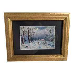 1920s Framed Artist Watercolor Snow Scene Painting