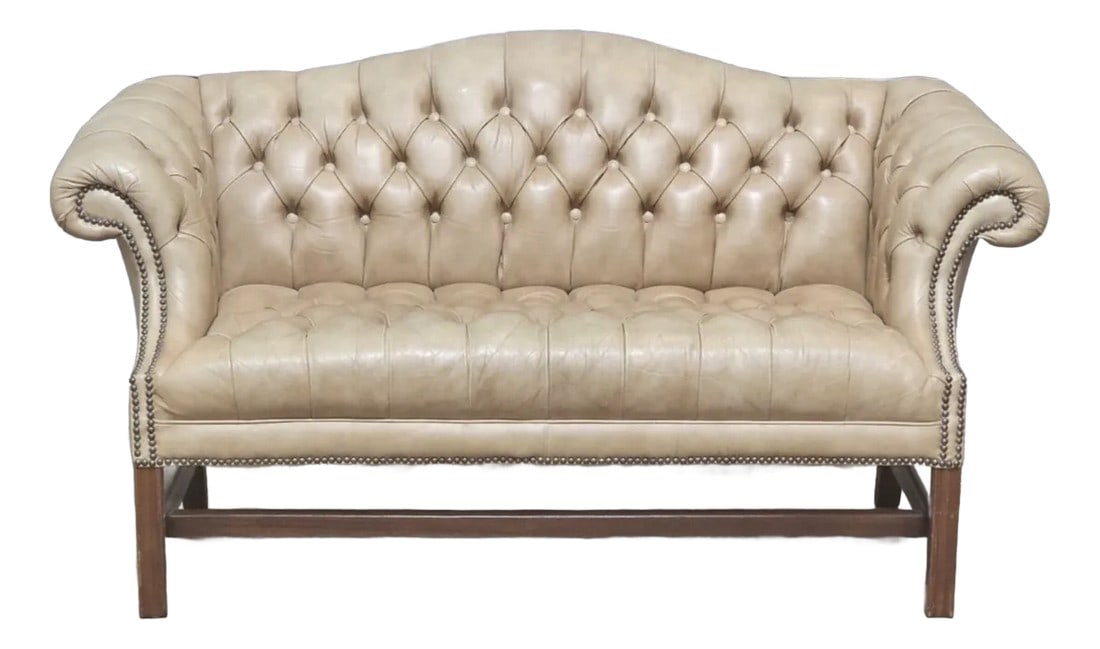 Late 20th Century Classic Leather Tufted Tan Leather Settee Chippendale Williamsburg Style (1 of 10)