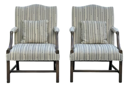 Pair of Late 20th Century Custom Upholstered Chippendale Style Vintage Armchairs With Two Matching C