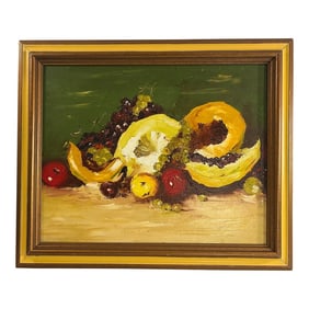 Vintage Mid-Century Outsider Art Framed Still Life Painting of Sliced Fruit Artist Signed