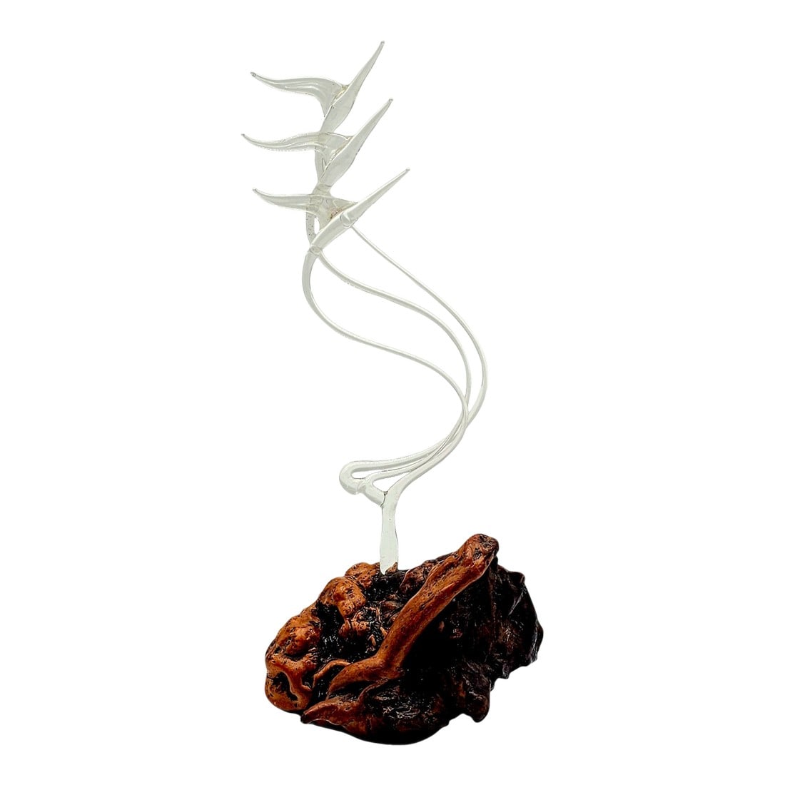Crystal Pyrex Crane Trio Sculpture on Burl Wood Base – Hawaiian Art Glass: Graceful cranes sweep upward in crystalline arcs, their wings poised in delicate harmony. Each figure, hand-sculpted from Pyrex glass, captures light in translucent brilliance. Rising from a rugged bu