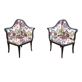 Pair Stunning Newly Upholstered Vintage Corner Fireside Chairs