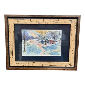 1920s Attributed w.c. Vincent Winter Forest Snow Scene Watercolor Framed 8.5"³Ã—